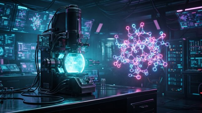 Electron microscope beside a glowing molecular hologram, futuristic nanotechnology research with blue pink neon lighting