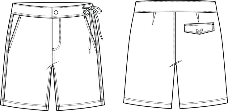 Men Board Shorts Technical Fashion Flat Sketch Swim Trunks Vector Illustration Front and Back View