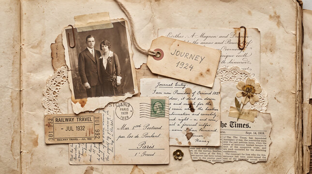 Vintage scrapbook page with old photograph letters and paper ephemera.