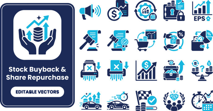 Stock buyback and share repurchase conceptual graphic collection showing financial growth, currency, arrows, and corporate investment assets in flat vector style.