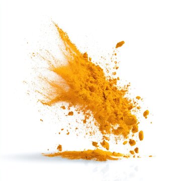 Vibrant orange turmeric powder bursts dynamically against a white background, showcasing its fine texture and rich color.