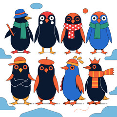 Fototapeta premium Stylized Penguins Wearing Hats and Scarves, a Whimsical Vector Illustration Set with Playful Character Designs.