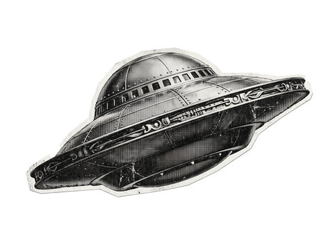 Vintage UFO Flying Saucer Halftone Illustration