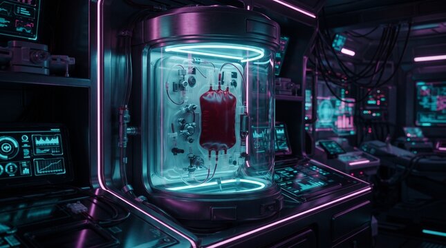 Synthetic blood storage bag inside a futuristic medical pod with automated valves and neon cyberpunk illumination