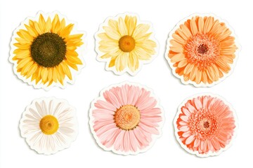 Obraz premium Six colorful flower illustrations with various petal shapes and colors, arranged in two rows on a white background.