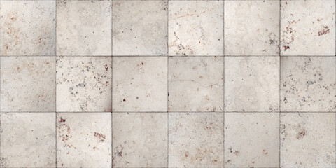 Grid Layout of Square Light Grey Travertine Stone Tiles with Weathered Texture and Natural Speckles. © RawAesthetic