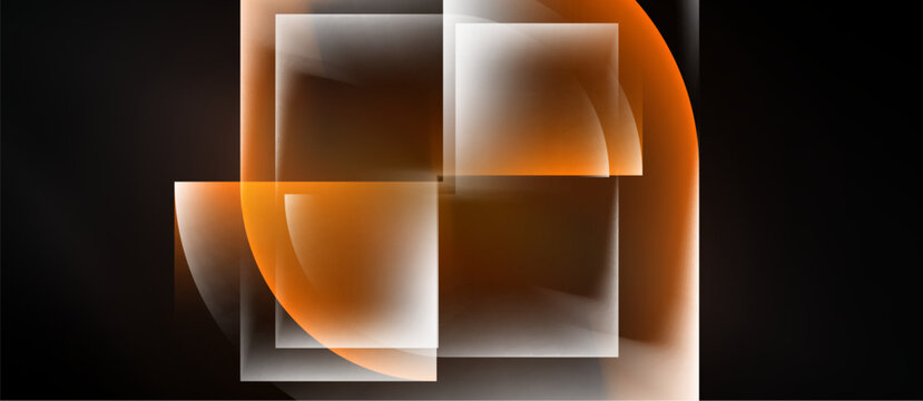 Abstract geometric design. Orange, white squares overlap, creating blurred shapes. Dark background emphasizes glowing effect. Modern, simple composition.