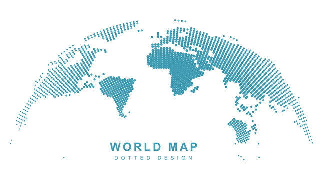 Curved world map in cyan blue dashed line halftone pattern on white background for global telecommunication networking and international business presentation