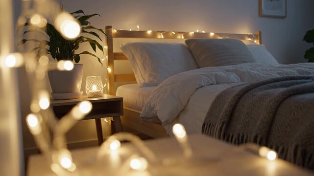 Warm cozy bedroom at night with soft lamp light.