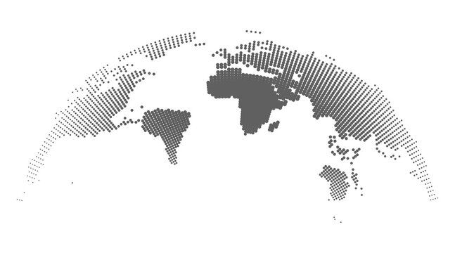 Curved world map silhouette in dark charcoal gray halftone line pattern on white background for corporate business presentation and economic demographic analysis