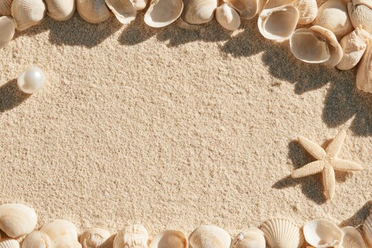 A sandy beach surface framed by various seashells, a starfish, and a single pearl, creating a natural coastal border with soft shadows.