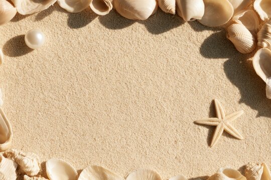 A collection of seashells and a starfish frame a sandy surface with a single pearl resting on the sand.