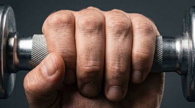 Close-up of a human hand gripping a metal dumbbell for weightlifting exercise