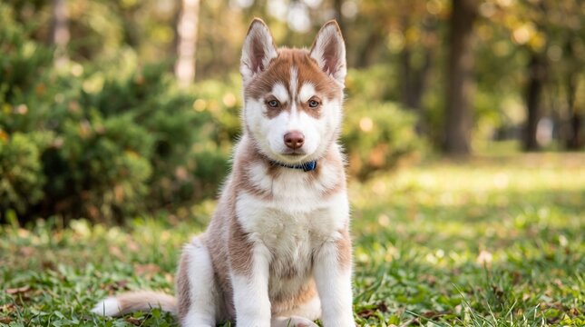 A cute brown and white Siberian husky puppy sitting on the grass in a park.