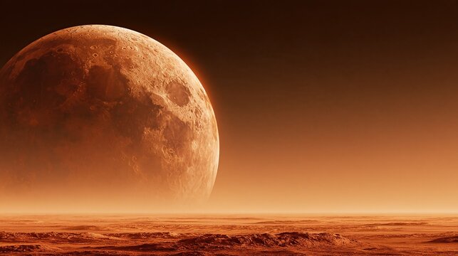 Massive cratered alien planet rising above rocky dusty red planet surface in warm orange outer space atmosphere interplanetary exploration astronomy concept