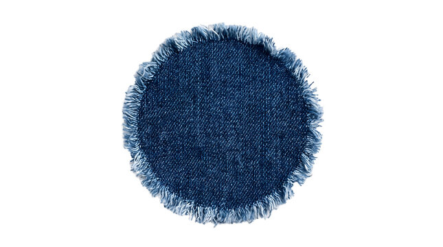 Denim patches in round shape with rough frayed fabric edge on transparent and white background