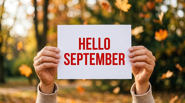 Person holding a hello september sign outdoors in an autumn park with falling leaves