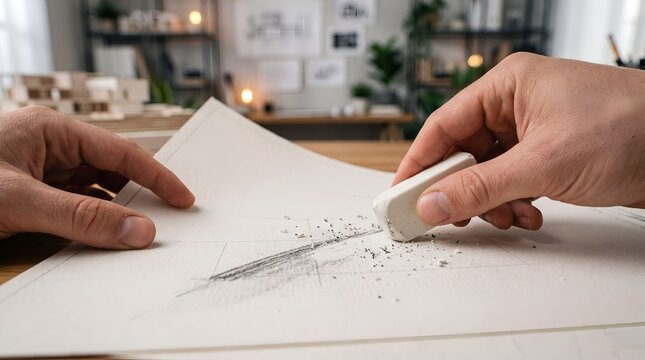 First-person perspective of an architect erasing pencil lines from a architectural design sketch on paper
