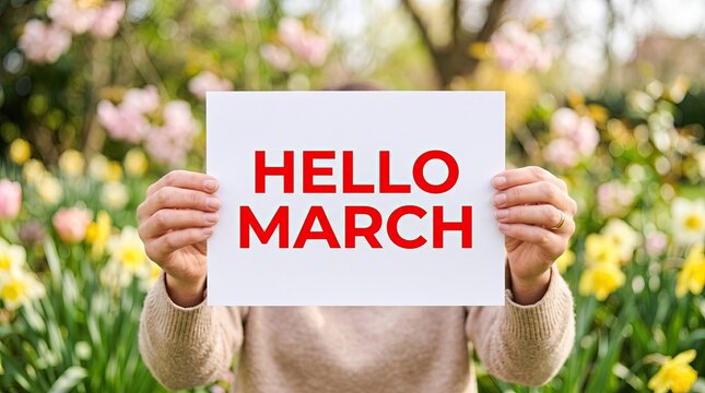 Person holding a hello march sign in a garden filled with blooming spring flowers