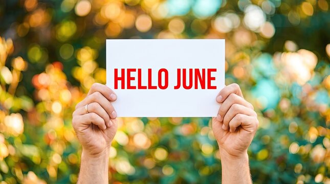 Hands holding a hello june sign against a softly blurred natural background
