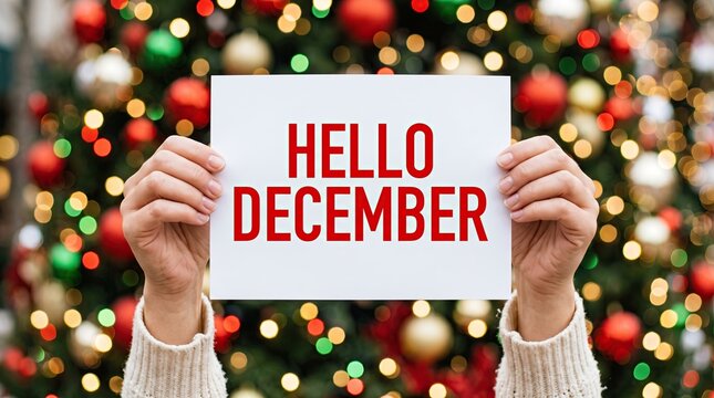 Hands holding a hello december sign in front of a blurred christmas tree with lights