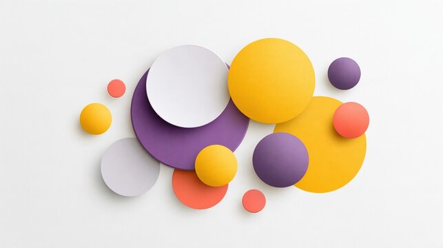 Layered overlapping round circles in complementary colors of yellow purple coral and white on clean white background minimalist abstract geometric composition concept