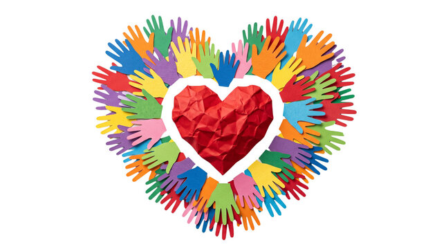Multicultural colorful hands forming a heart shape, crumpled red paper heart center, diversity and inclusion concept for community support and unity