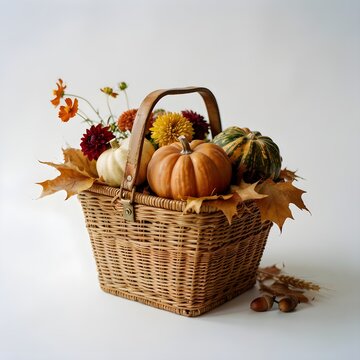 Cesta de mimbre r&uacute;stica llena de calabazas decorativas, flores oto&ntilde;ales y hojas secas sobre fondo blanco