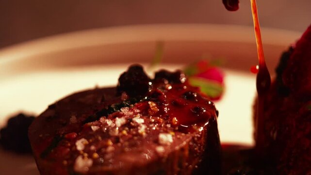 Close-up of gourmet beef dish with black caviar and cranberry sauce