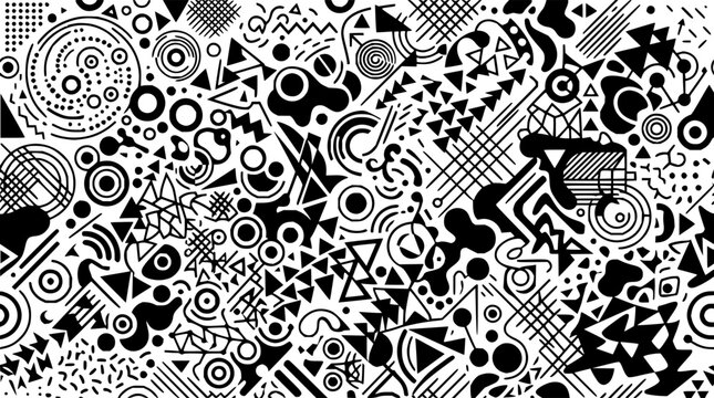 Abstract shapes set with chaotic arrangement featuring circles, triangles, spirals with lines and dots