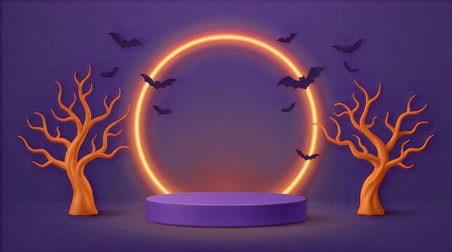 Halloween product display podium with glowing neon ring and bare trees on purple background