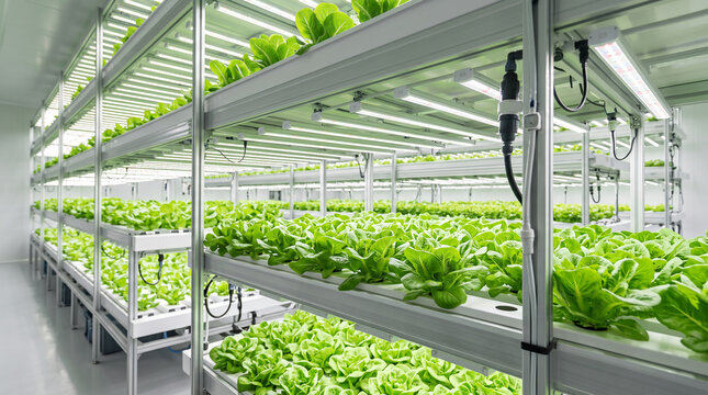 Fresh lettuce growing in a modern indoor vertical farm