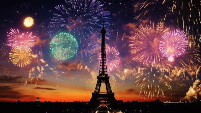 A spectacular fireworks display erupts over the iconic Eiffel Tower in Paris. ..Created with Generative AI, not depicting real subjects.