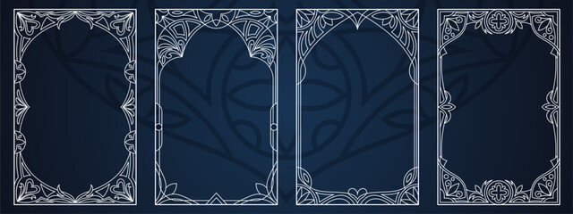 Obraz na płótnie Canvas Gothic game frame with ornate border and fantasy magic elements for card design. Medieval ornament with vampire cathedral silhouettes and celestial patterns. Dark decoration for tarot invitations.