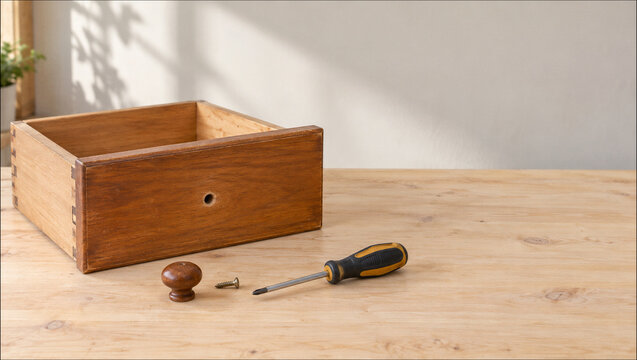 Wooden drawer with screwdriver and loose knob on workbench for furniture repair with copy space