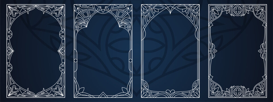 Gothic game frame with ornate border and fantasy magic elements for card design. Medieval ornament with vampire cathedral silhouettes and celestial patterns. Dark decoration for tarot invitations.