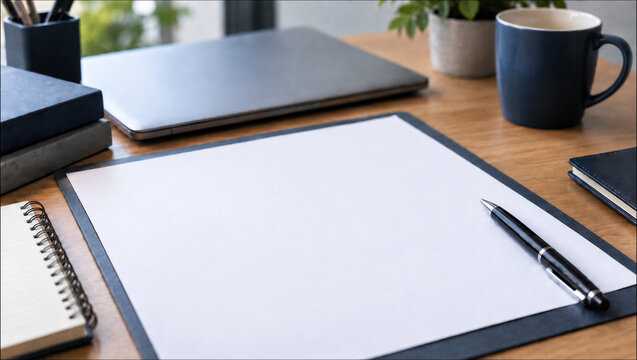 Modern office desk with blank paper, pen, laptop and coffee mug with copy space