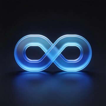Glowing translucent blue 3d infinity symbol placed on dark black background, concept for endless cycle loop eternal technology business