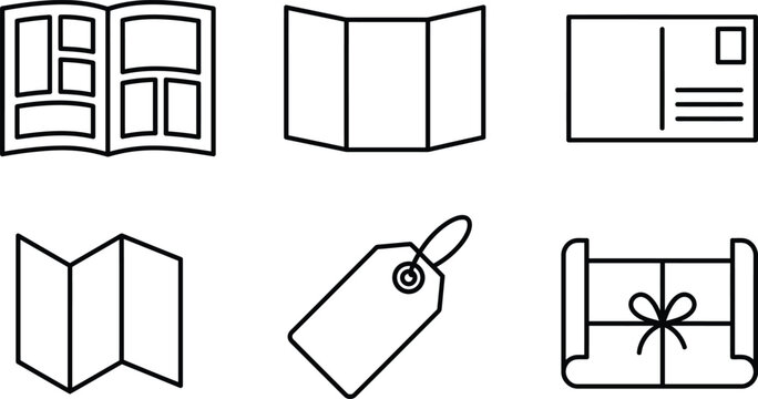 Print Collateral and Marketing Stationery Line Icon Set Featuring Open Catalog Magazine, Trifold Brochure, Postcard, Accordion Fold Flyer, Price Tag, and Tied Scroll
