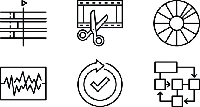Video Editing and Post Production Workflow Line Icon Set Featuring Multi Track Timeline, Film Cutting Scissors, Color Wheel, Audio Waveform, Render Completed, and Project Diagram