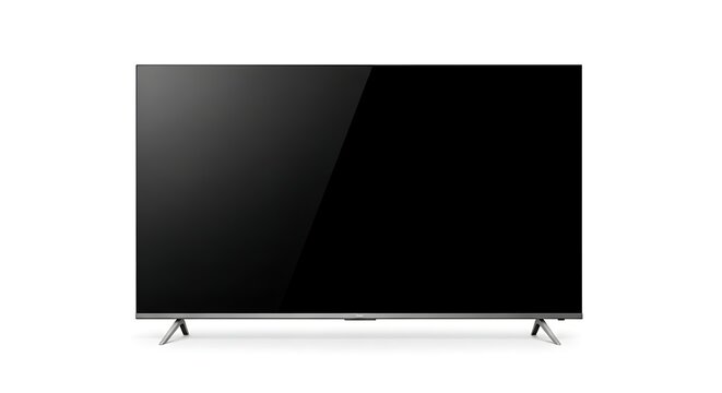 A modern wide screen television with a blank black display isolated on white background with minimalist stand stands