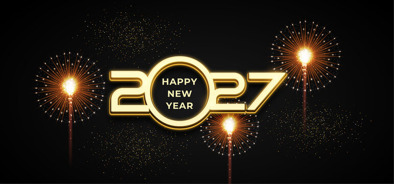 Happy New Year 2027 luxury invitation banner backdrop with gold fireworks