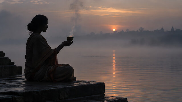 Silhouette of woman offering incense during pitru paksha beside sacred river at dawn with spiritual devotion for durga puja hindu worship ritual