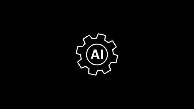 Artificial intelligence cog gear icon for machine learning automation and smart algorithm isolated on black background.