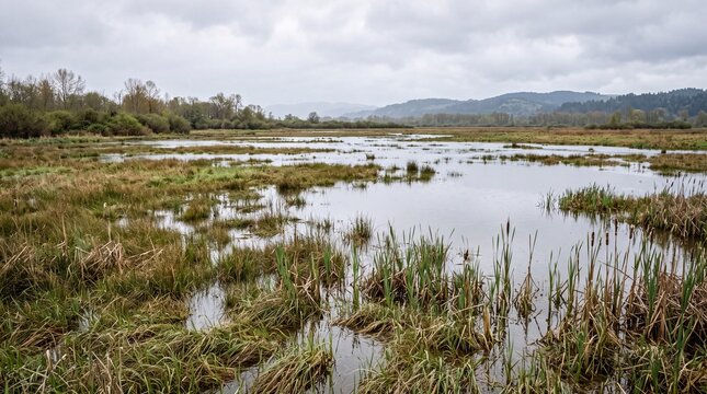 Restored wetland marsh holding rainwater on a cloudy day