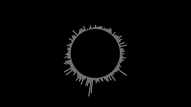 Circular audio sound wave equalizer frequency spectrum with radial voice waveform line isolated on dark black background.