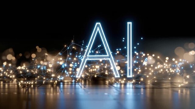 Illuminated AI logo with glowing blue neon lights, set against a dark backdrop adorned with a network of interconnected golden lights. ..Created with Generative AI, not depicting real subjects.