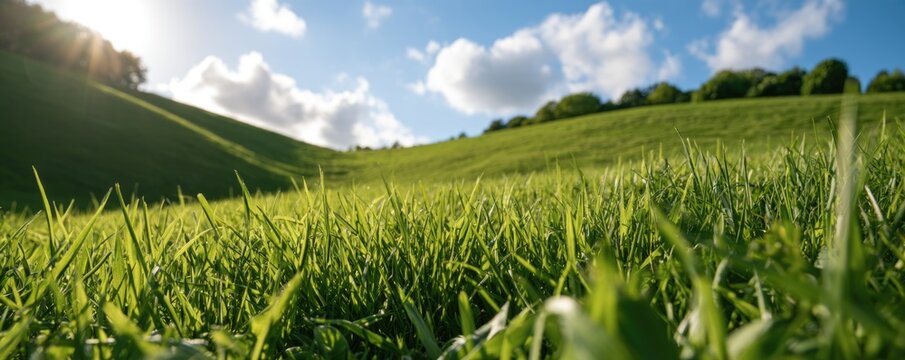 A vibrant green grassy field stretches under a partly cloudy blue sky, with hills and trees in the background bathed in sunlight.