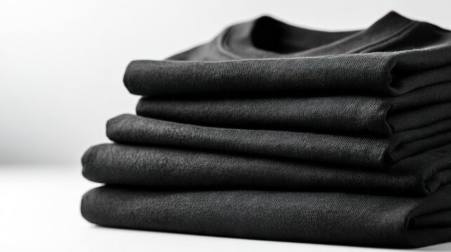 wardrobe. Neatly stacked black T-shirts arranged on a white surface, showcasing simplicity and modern style. lifestyle magazines.