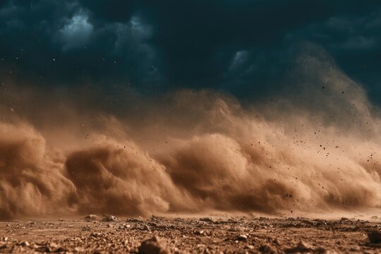 A dramatic dust storm sweeps across a barren landscape under a dark, cloudy sky.